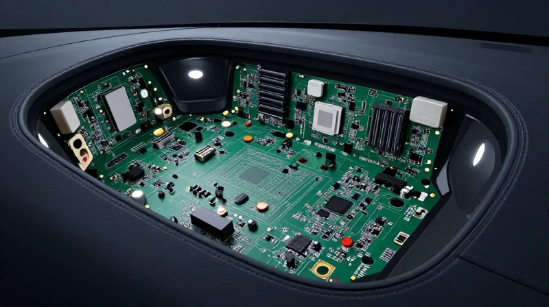 A large-format PCB board mounted in a curved automotive cockpit framework showing mechanical complexity.