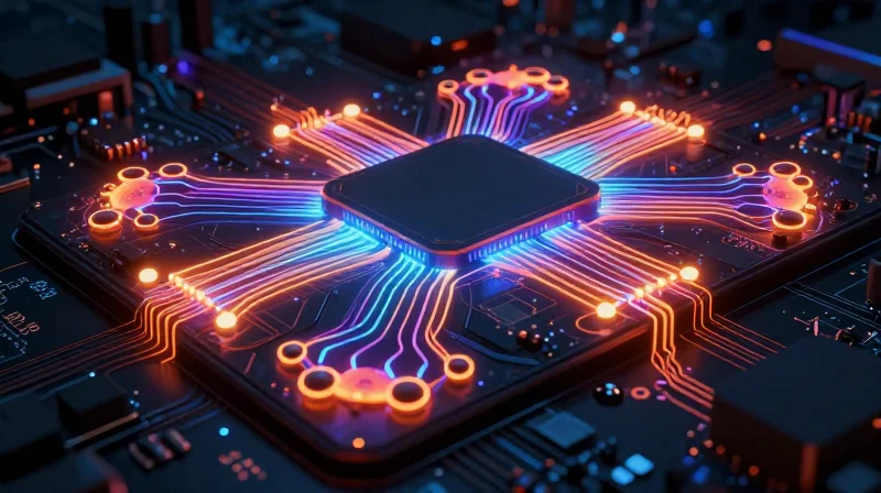 Conceptual visualization of thermal heat dissipation on a complex circuit board.