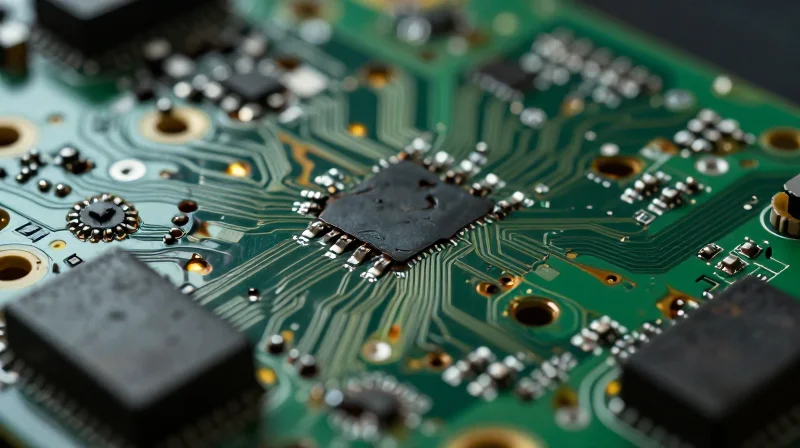 A close-up of a damaged circuit board showing signs of overheating and component fatigue