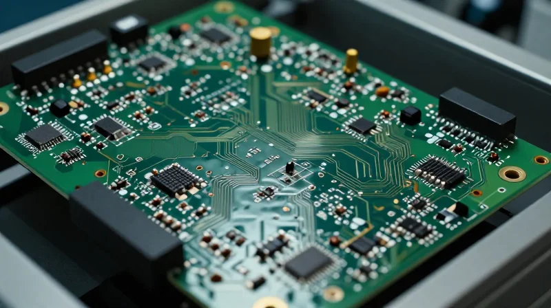 A close-up of a large printed circuit board showing mechanical stress and potential warping in a high-tech laboratory setting.