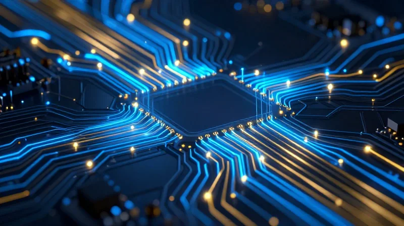 A high-tech visualization of signal paths and electrical traces moving across a PCB.