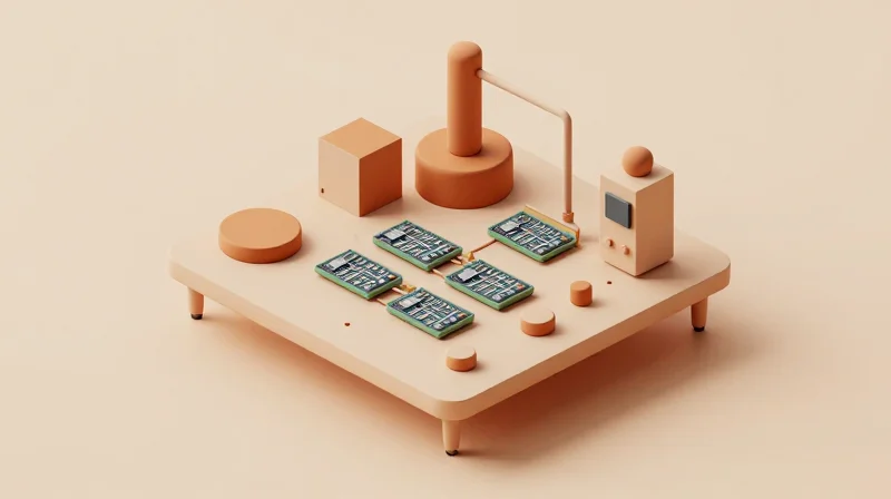 Isometric view of modular electronic components being arranged in a grid-like panel structure.