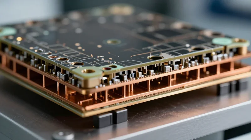A cross-section view of a high-performance circuit laminate showing multiple conductive layers and stable dielectric materials.