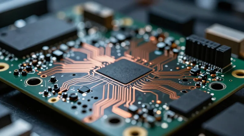 A high-precision flex-rigid PCB being inspected under cinematic laboratory lighting, emphasizing durable design.