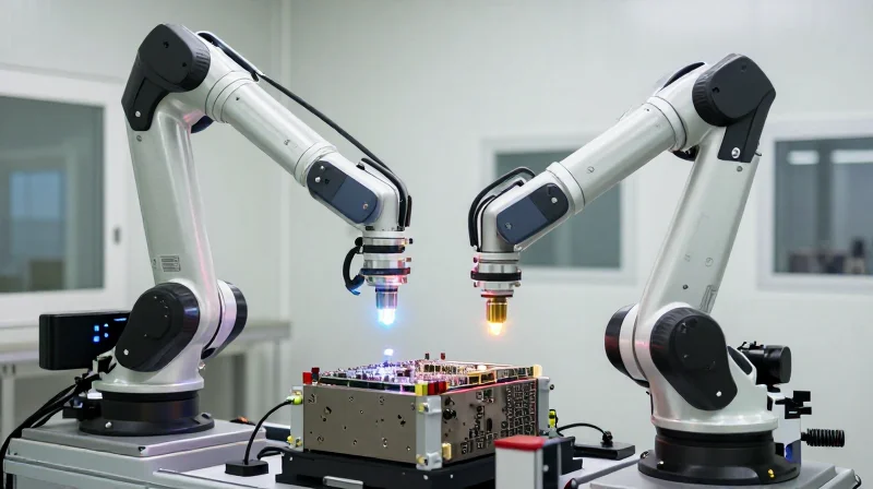 A sterile, high-end cleanroom environment with robotic arms focusing on precision electronics assembly.