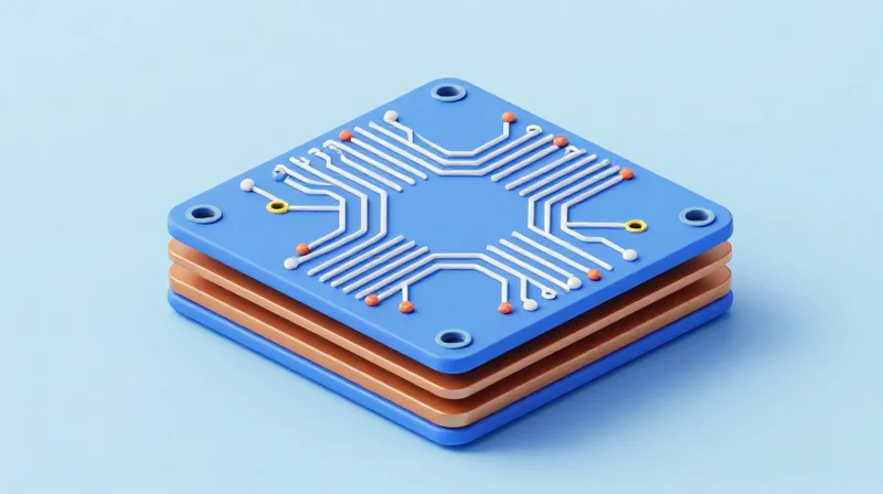 Isometric 3D model of a multi-layer PCB showing microscopic interconnects and via structures.