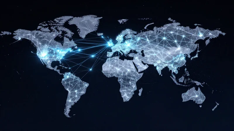 Abstract nodes and connections representing a global supply chain network.