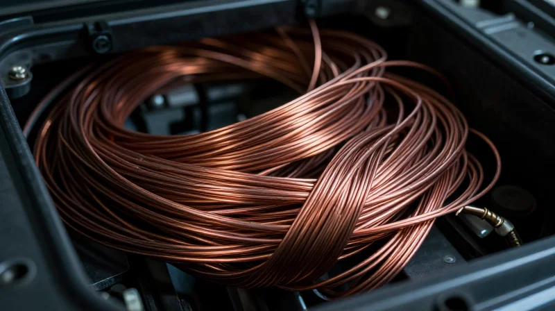 A close-up view of a chaotic mess of thick copper wires inside an electric vehicle chassis