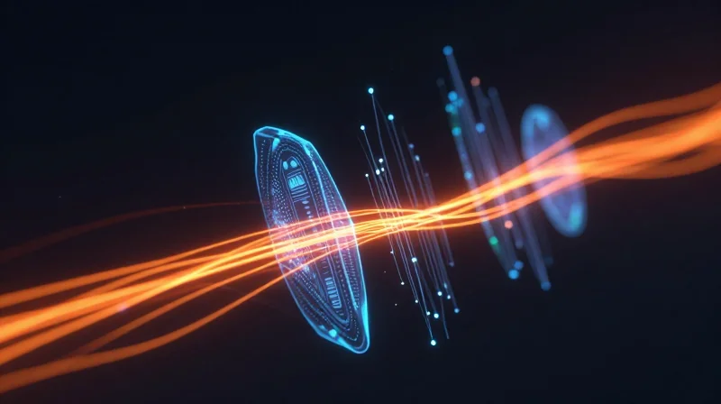 Abstract visualization of glowing high-voltage energy streams and clean data signals