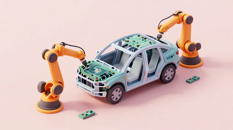 An isometric 3D view of an automated vehicle assembly line integrating flat circuits