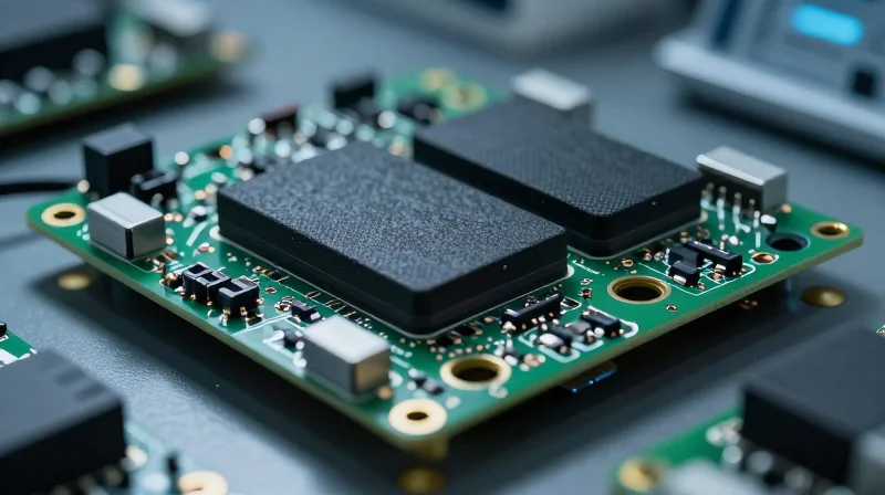 A close-up of a flex-rigid circuit board with thermal dissipation features and vibration-resistant coatings