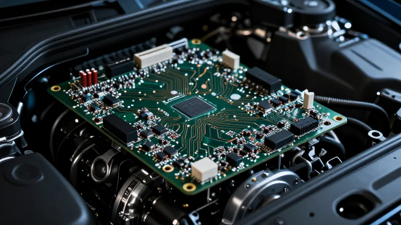 A complex automotive flex-rigid PCB assembly integrated within a modern vehicle dashboard, showing durability and engineering