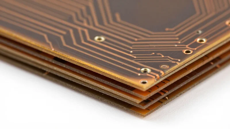 Close-up of high-performance dielectric materials and copper layers in a layered flex-rigid PCB architecture