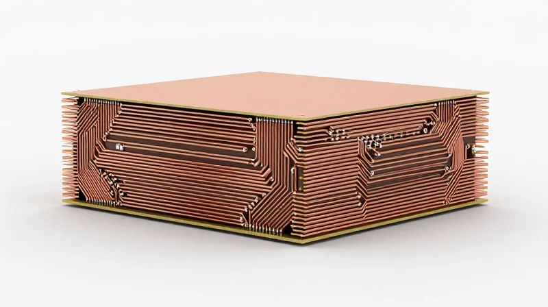 A cross-sectional view of a perfectly symmetrical PCB stack-up with balanced layers
