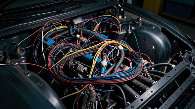 A chaotic, complex web of traditional automotive wiring harnesses in a vehicle engine bay