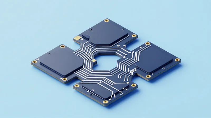 An isometric view of a high-tech flex-rigid PCB showing its modular structure