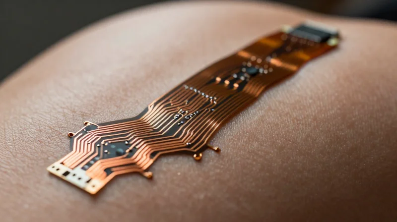 A flexible printed circuit board draped over a human forearm skin surface representing a wearable ECG monitor