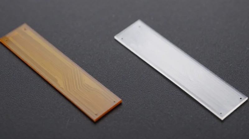 Two flexible circuit samples placed side-by-side on a dark professional studio surface to compare material properties