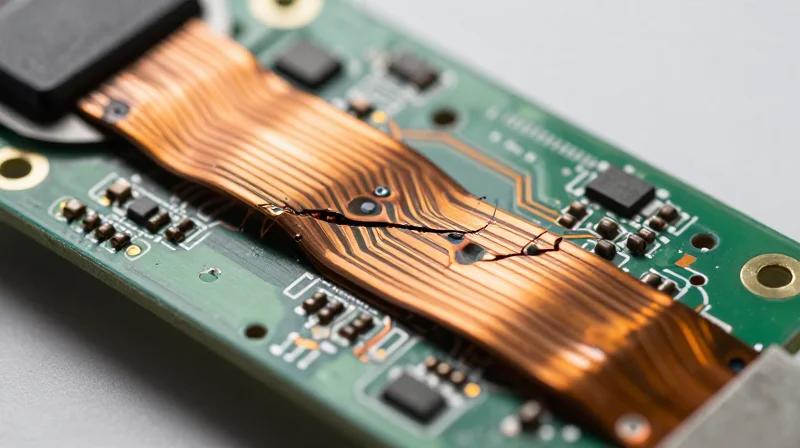 A close-up of a damaged flexible circuit board inside a wearable medical monitor showing micro-cracks on the conductive traces.