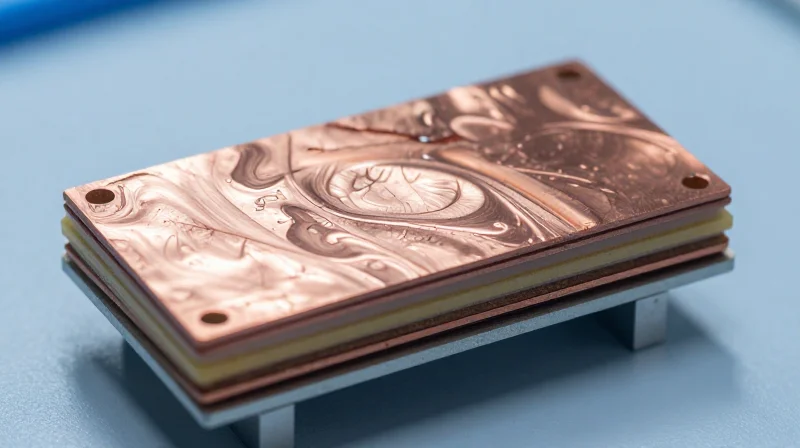 A high-magnification cross-section view of a high-flex PCB showing layered material structures and optimized copper grain.