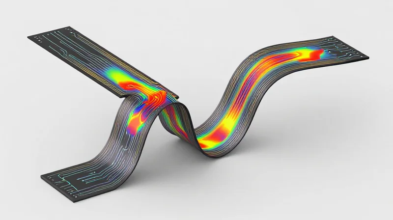 An abstract visualization of stress points and bending forces applied to a flexible circuit inside a wearable device.