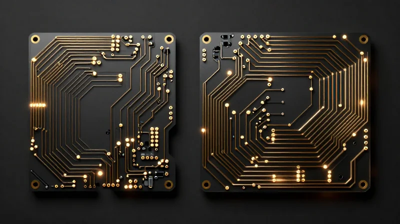 Comparison between sharp 90-degree trace corners and smooth arc routing on a flexible PCB.