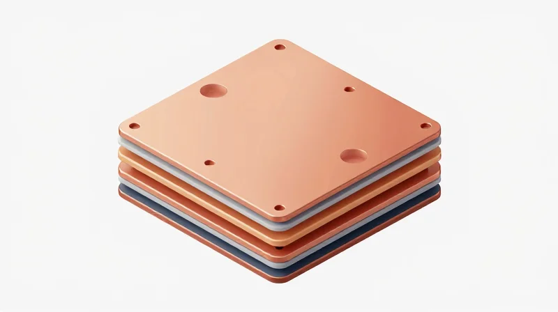 Isometric 3D model of a multi-layer flexible circuit board with symmetrical structure.