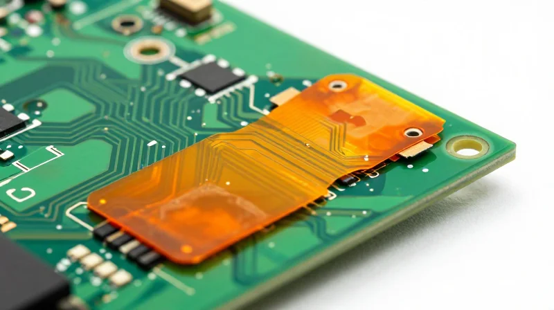 Close-up of a rigid-flex circuit board showing hybrid layers and connections.