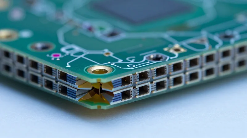 Microscopic view of laser-drilled vias in a multi-layer board