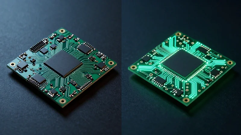 An abstract visualization of circuit evolution from bulky multi-layer boards to compact high-density interconnect architectures.
