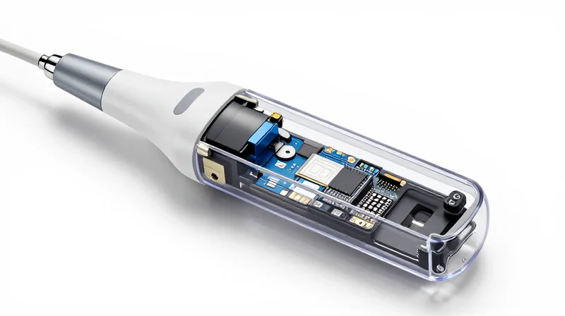 A sleek modern portable ultrasound device displaying complex internal circuitry miniaturization.
