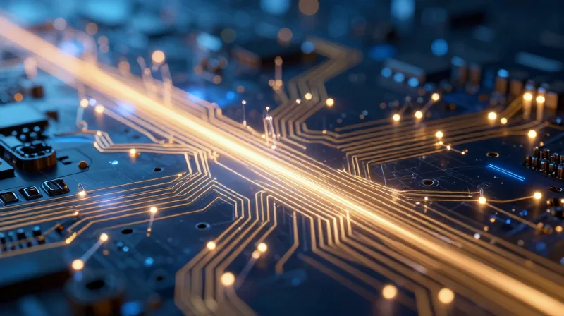 Abstract representation of clear, fast data transmission through high-density circuit pathways.