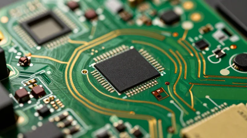 A close-up view of a complex, high-density HDI PCB circuit board used in compact ultrasound medical devices, showcasing intricate traces and micro-vias.