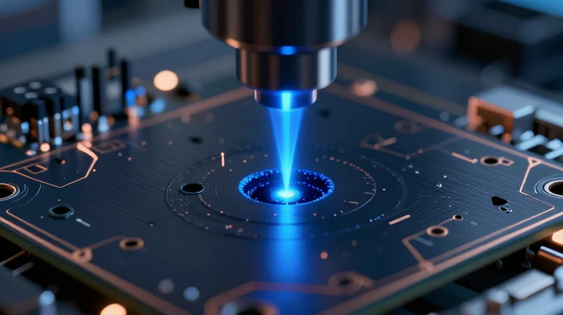 Conceptual 3D visualization of a high-precision laser beam performing micro-via drilling on a multilayer circuit board substrate.