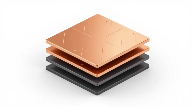 Isometric 3D representation of an HDI PCB layer stackup showing distinct signal and ground layers.