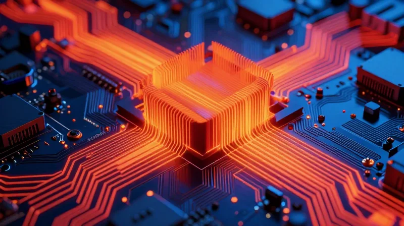 Abstract representation of thermal heat dissipation patterns on a circuit board surface.