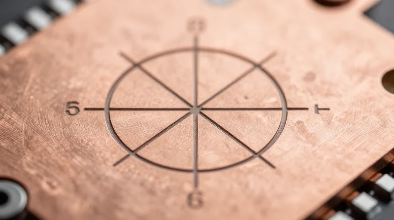 A close-up alignment mark or fiducial on a circuit board to ensure precise laser drilling.