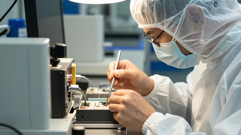 A technician working in a high-tech cleanroom environment on circuit boards