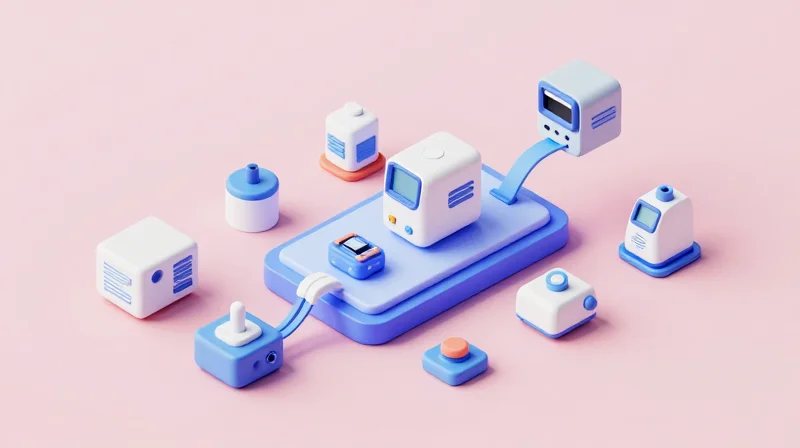 Isometric view of a full box build process showing components converging into a finished device