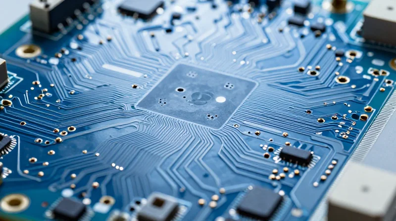 Close up shot of a complex high-density medical PCB with intricate trace routing