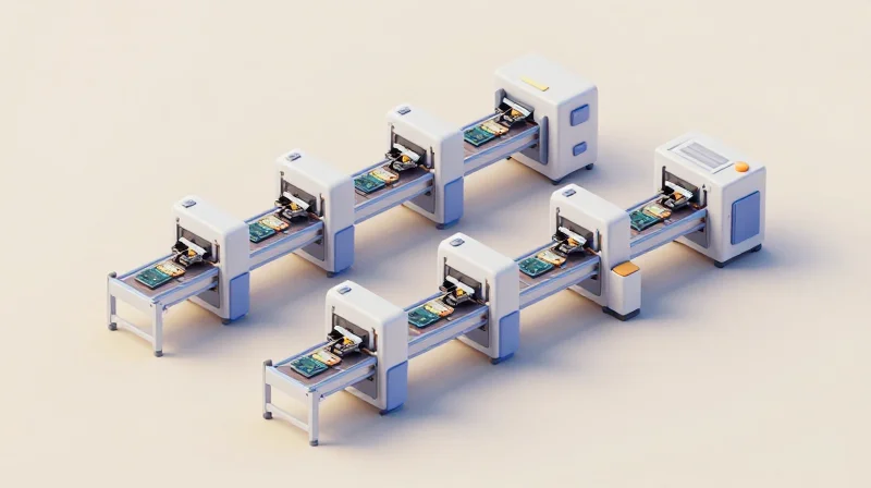 Isometric view of a modern automated assembly line for circuit boards.