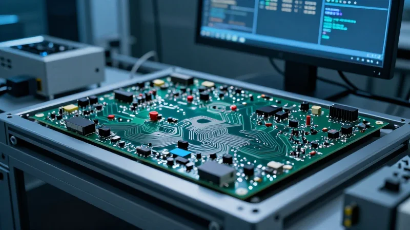 A close-up view of a printed circuit board on a CAD design screen, focusing on engineering precision.