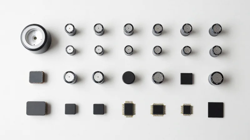 Top-down view of various electronic components and microchips neatly arranged on a clean, professional workbench.