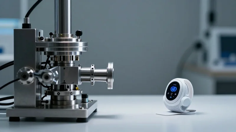A time-lapse representation showing the transition from a bulky, clinical-grade medical machine to a tiny, sleek wearable device.