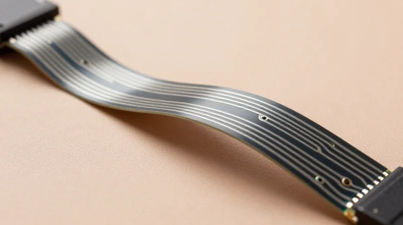 A flexible, thin circuit bending around a curved, skin-like surface.