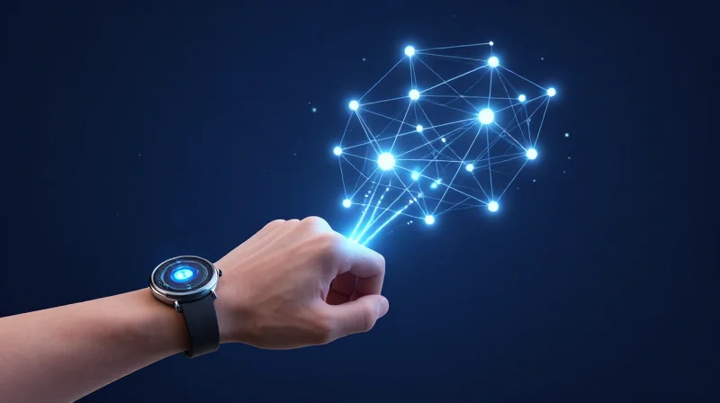 Abstract representation of data pulses traveling from a wearable device to a glowing network hub.