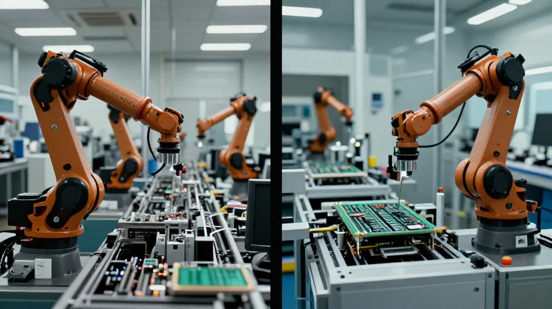 Two assembly lines side by side: one robotic, complex, and dark, the other streamlined, modern, and bright.