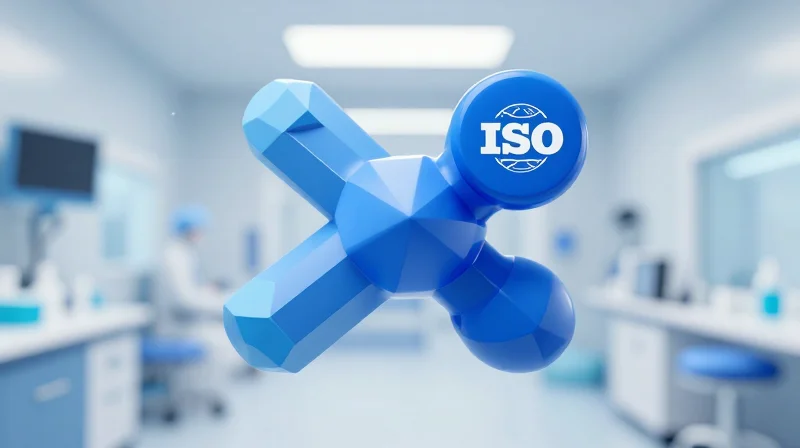 A professional medical certification badge icon with glowing connectivity lines representing quality management systems.