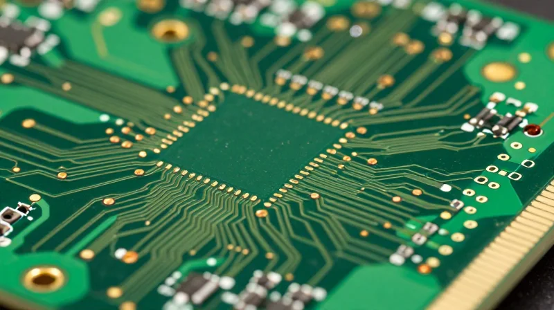 Macro view of a high-density interconnect PCB showing intricate micro-vias and dense component circuitry.
