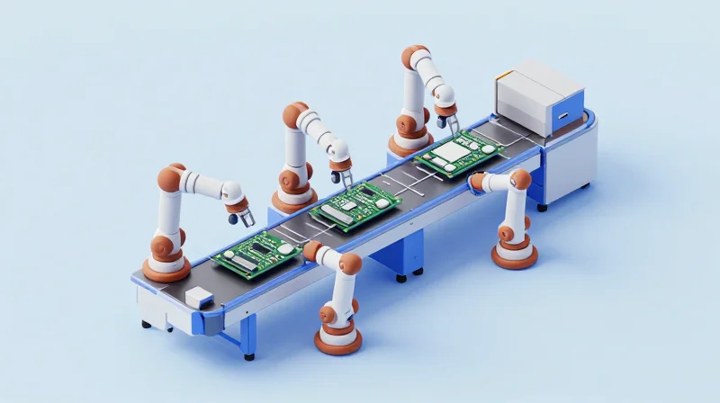 Isometric 3D view of an automated manufacturing plant workflow.